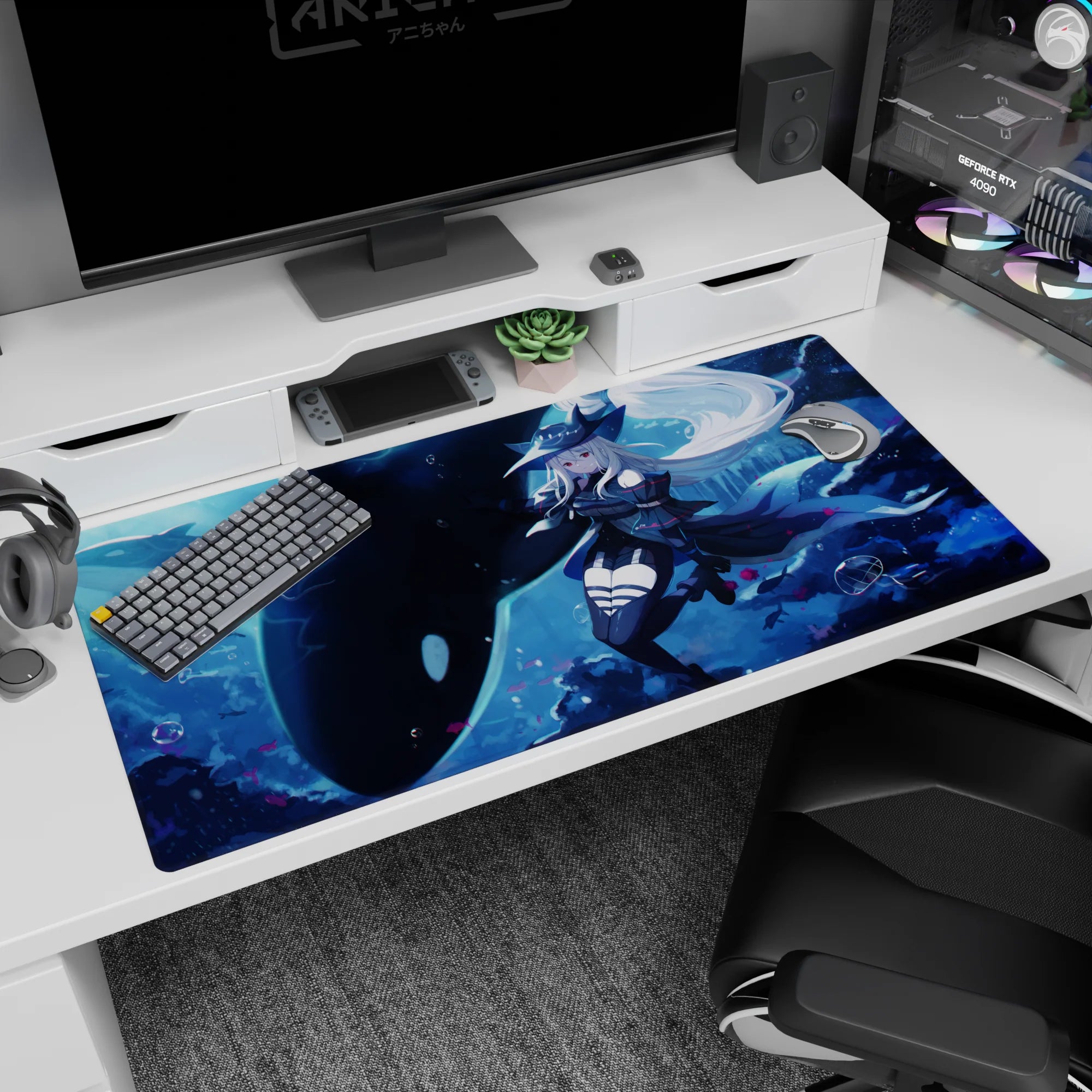 40x20 inches desk mat showing a silver-haired anime girl drifting beside a giant orca with petals and bubbles.