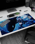 40x20 inches desk mat showing a silver-haired anime girl drifting beside a giant orca with petals and bubbles.