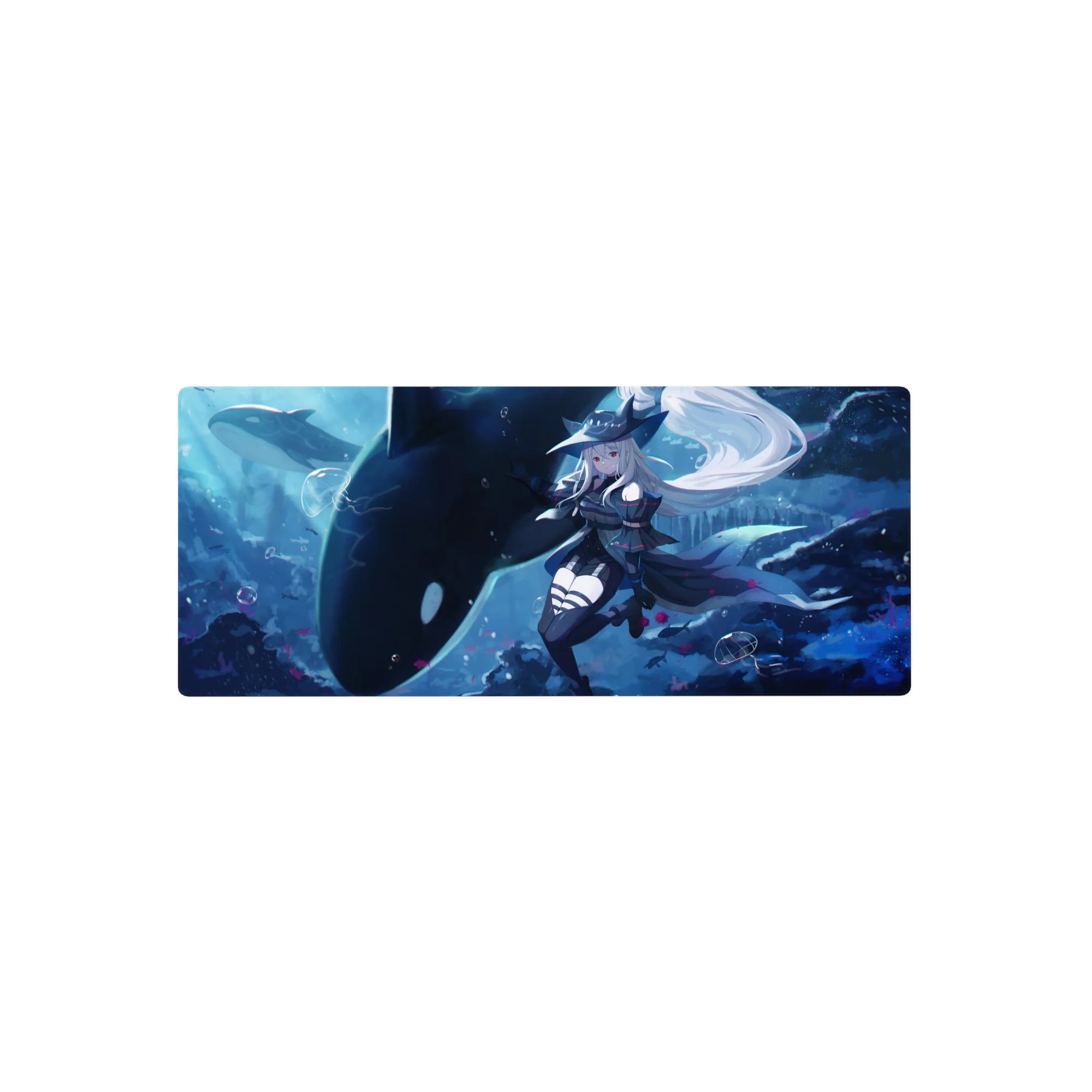 28x12 inches anime girl mouse pad with silver-haired sailor witch and orca in a dreamy underwater scene.