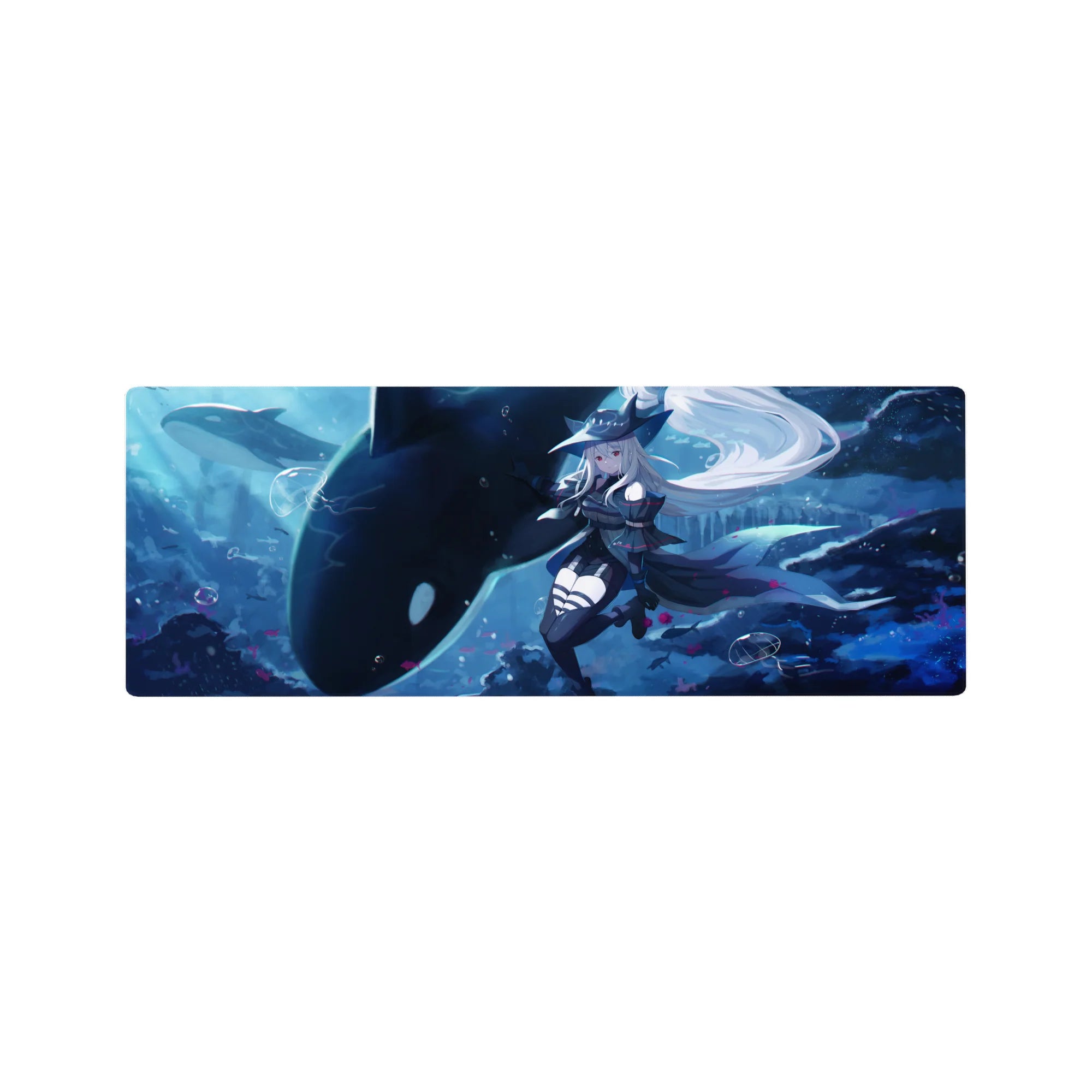 32x12 inches anime girl mouse pad with silver-haired sailor witch beside a giant orca, bubbles and petals.