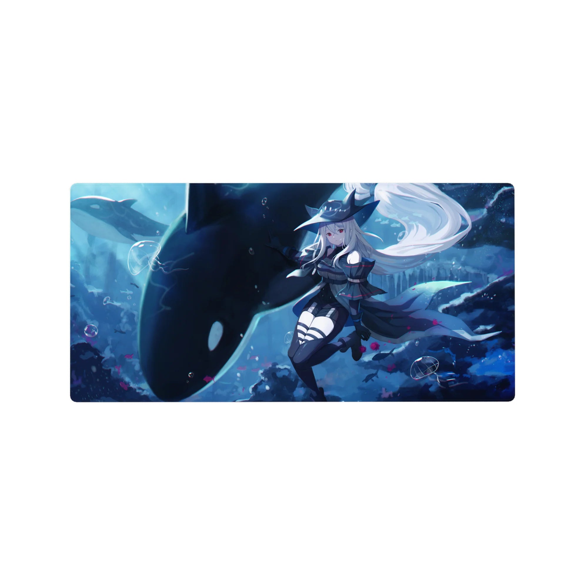 32x16 inches anime girl mouse pad with silver-haired witch in sailor dress and orca underwater.