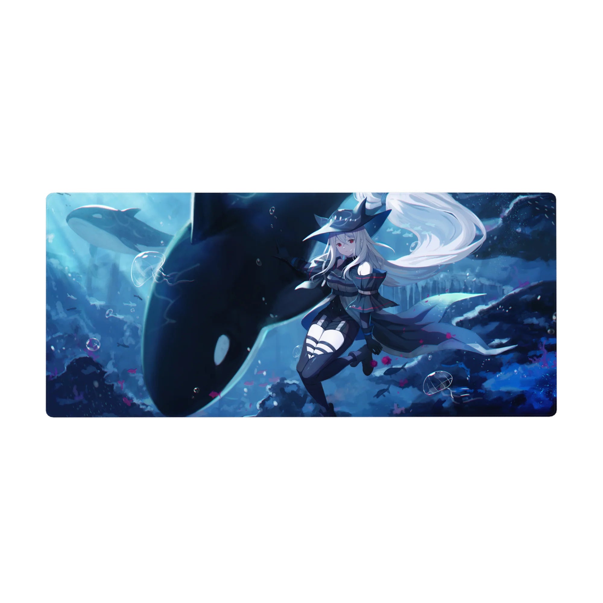 36x16 inches anime girl desk pad with silver-haired sailor witch and orca in a deep sea scene.