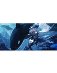 36x16 inches anime girl desk pad with silver-haired sailor witch and orca in a deep sea scene.