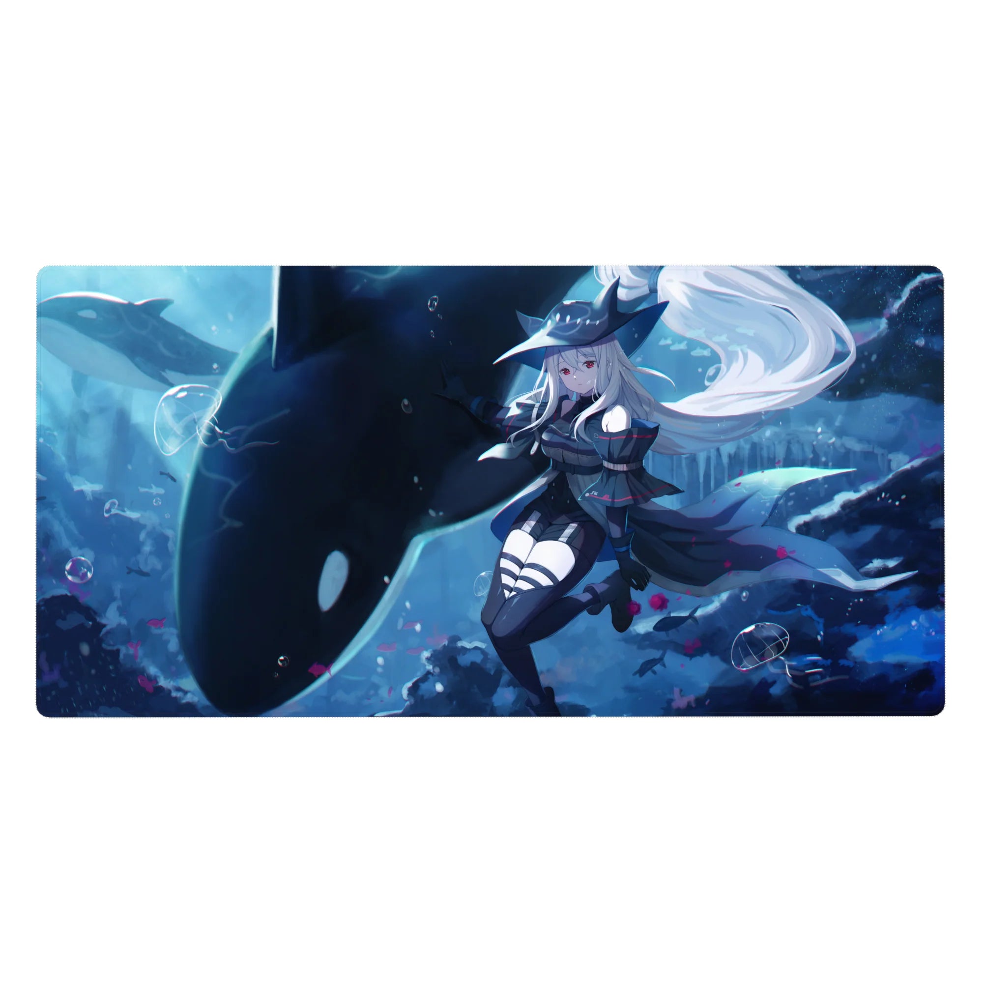 40x20 inches anime girl desk pad with silver-haired sailor witch, wide hat, and orca underwater art.