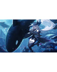 40x20 inches anime girl desk pad with silver-haired sailor witch, wide hat, and orca underwater art.