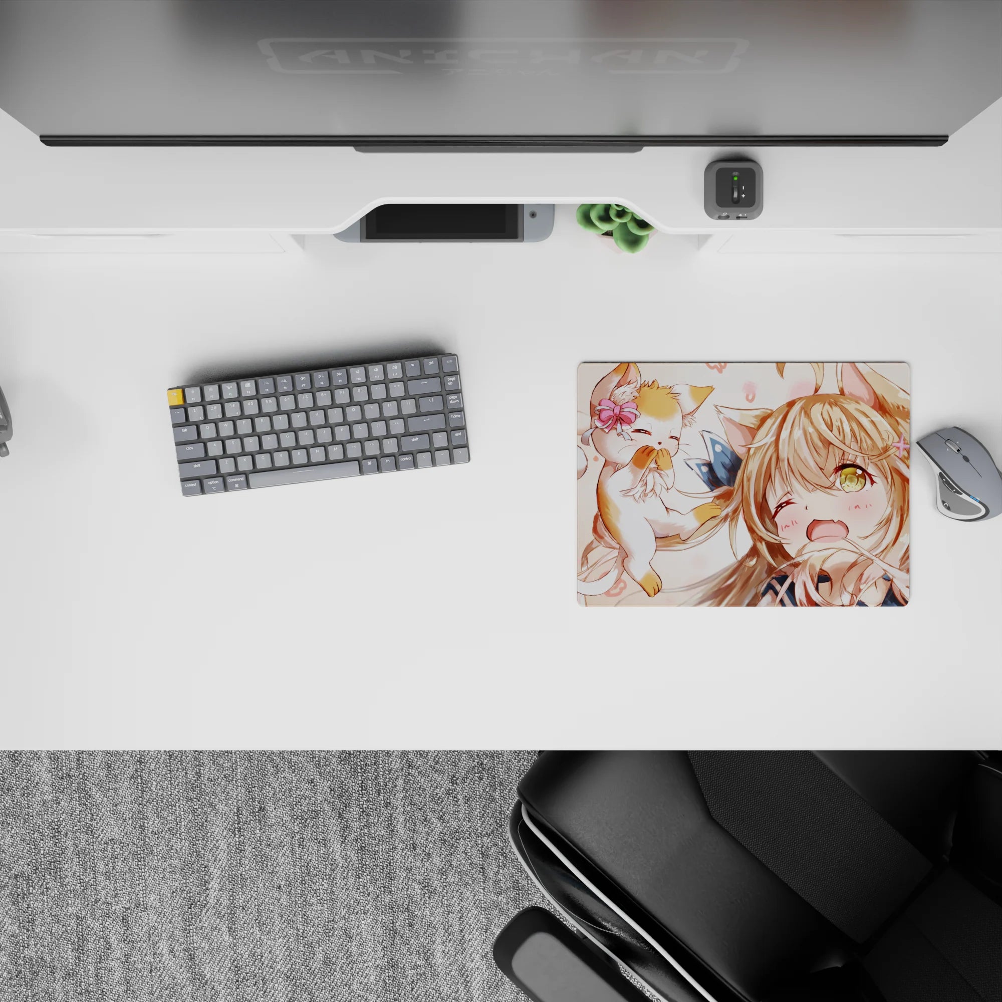 Cozy chaos anime mouse pad 14x10 inches in warm peach and cream tones with soft blush doodles.