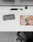 Cozy chaos anime mouse pad 14x10 inches in warm peach and cream tones with soft blush doodles.