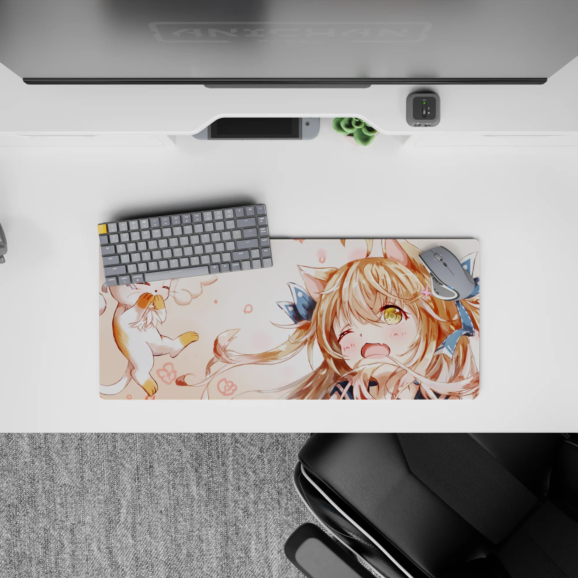 Cozy pastel anime girl mouse pad 28x12 inches in peach and cream tones with soft blush doodles.