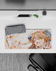 Cozy pastel anime girl mouse pad 28x12 inches in peach and cream tones with soft blush doodles.