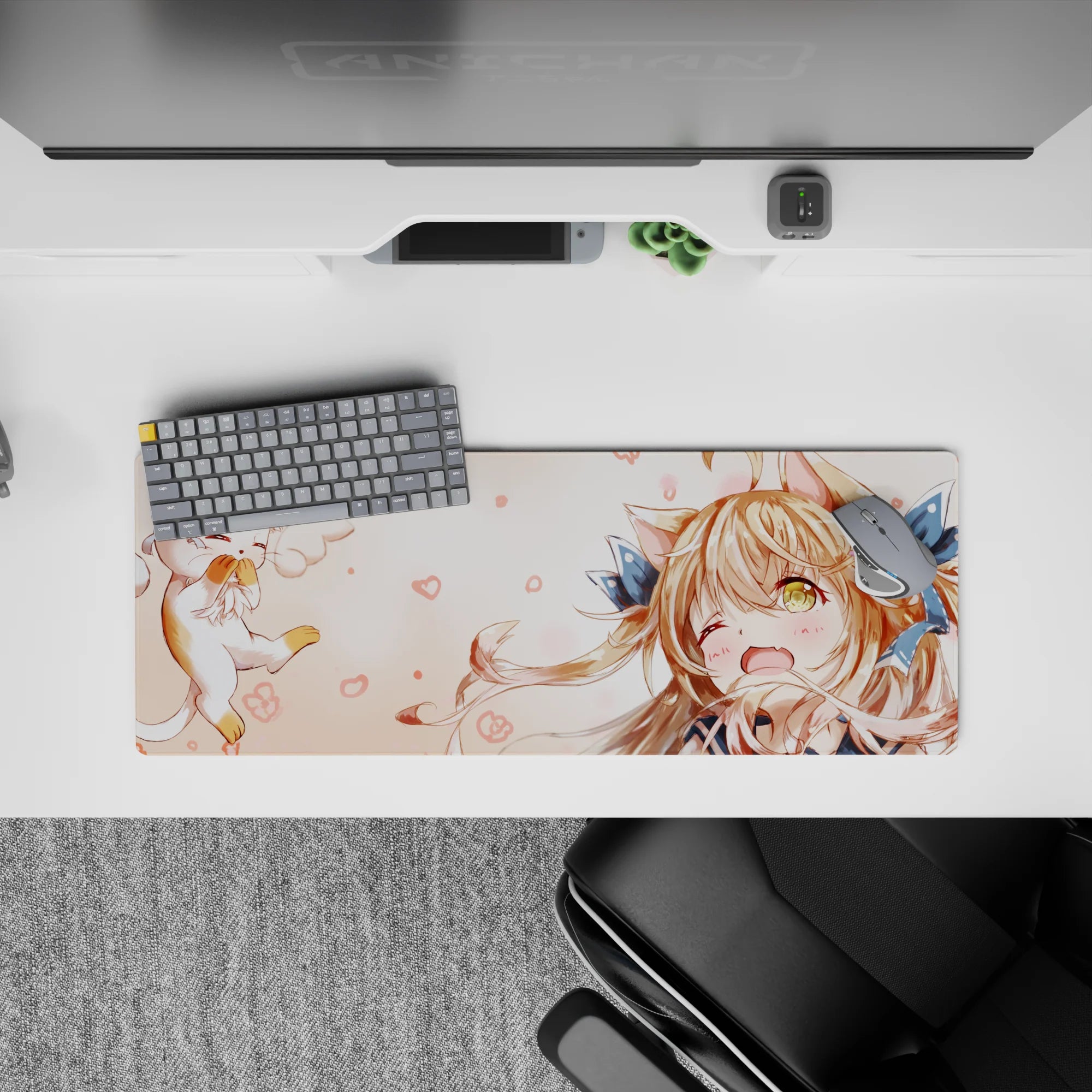 32x12 inches anime girl mouse pad in warm peach and cream tones, soft blush doodles, cozy cute vibe.