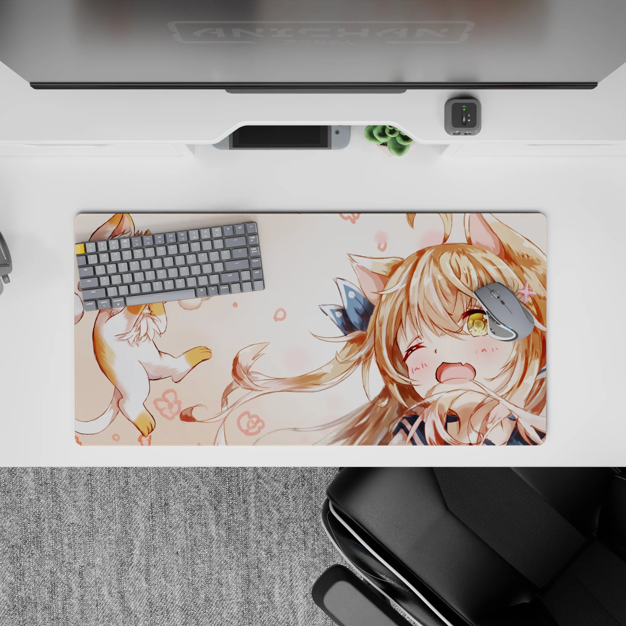 32x16 inches kawaii anime mouse pad in warm peach and cream tones with soft blush doodles, cozy chaos.