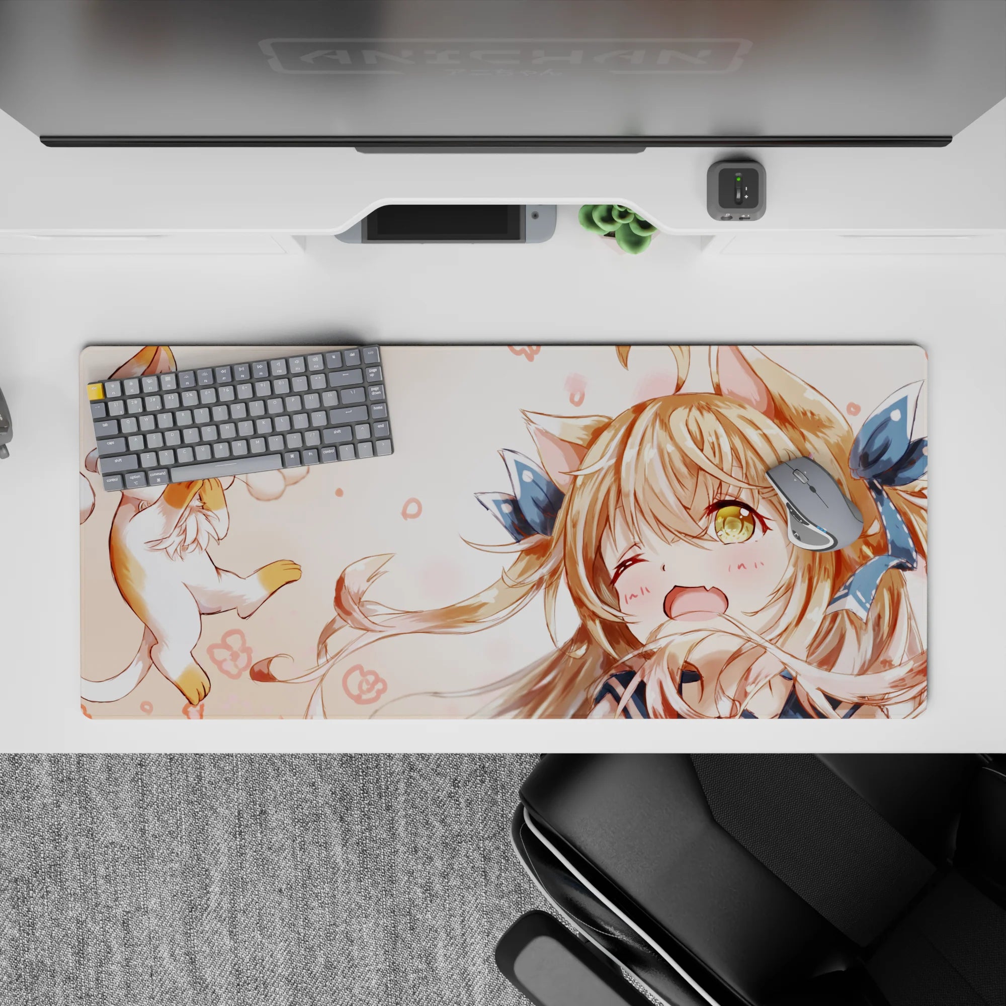 Cozy peach and cream anime desk pad 36x16 inches with soft blush doodles and cute kawaii vibe.