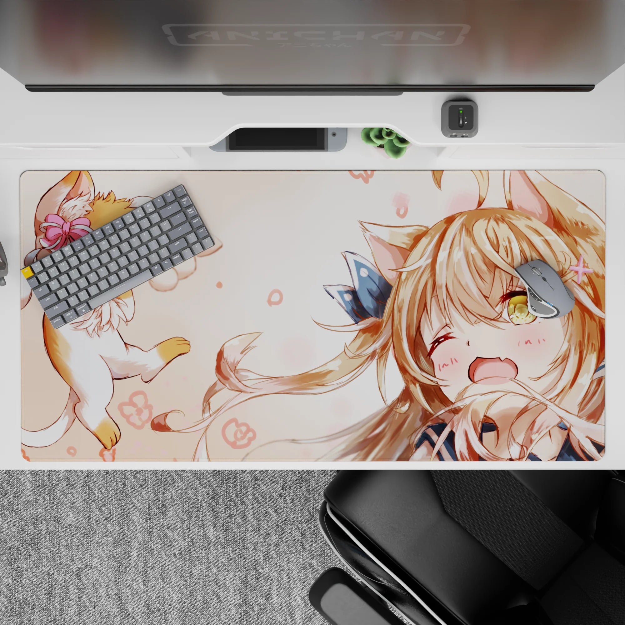 Cozy chaos anime desk pad 40x20 inches in warm peach and cream tones with soft blush doodles.