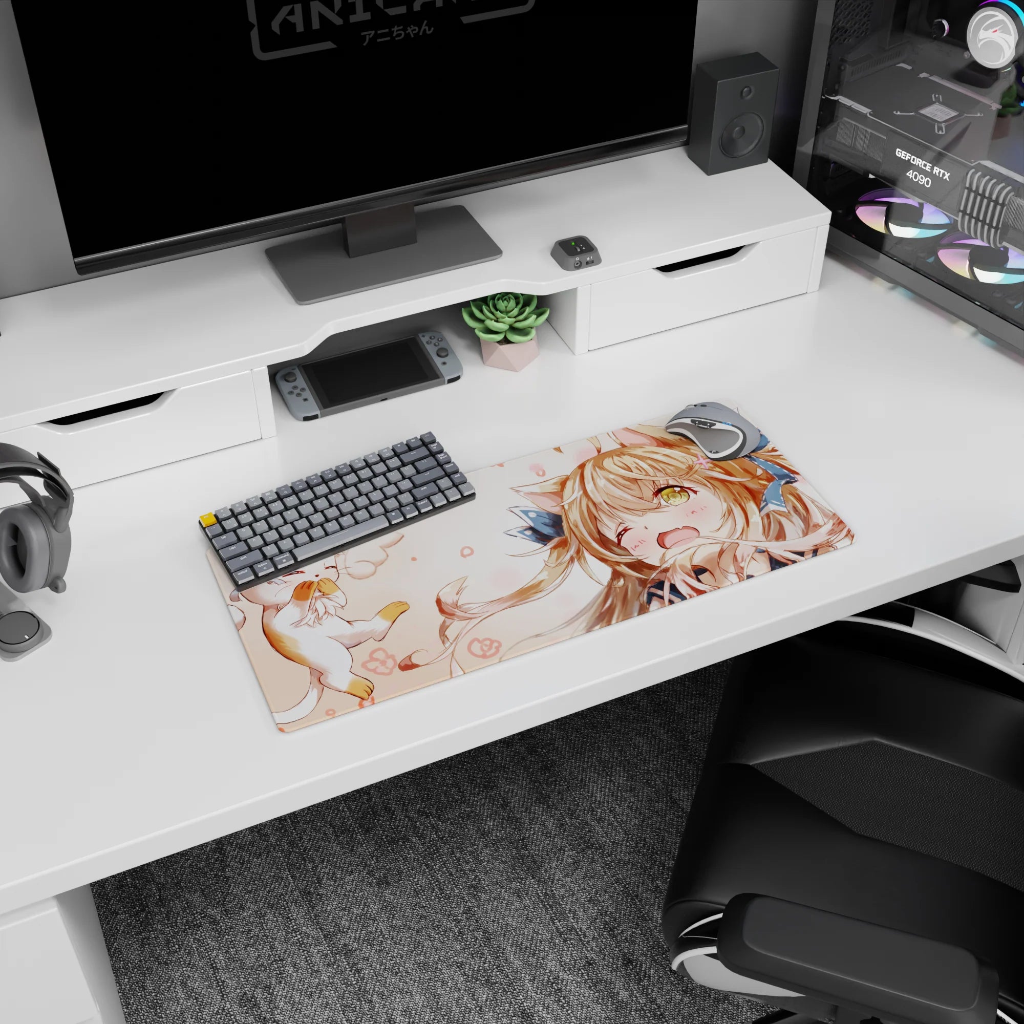 Winking catgirl with tiny floating kitten, paws up, on an anime desk mouse pad 28x12 inches.