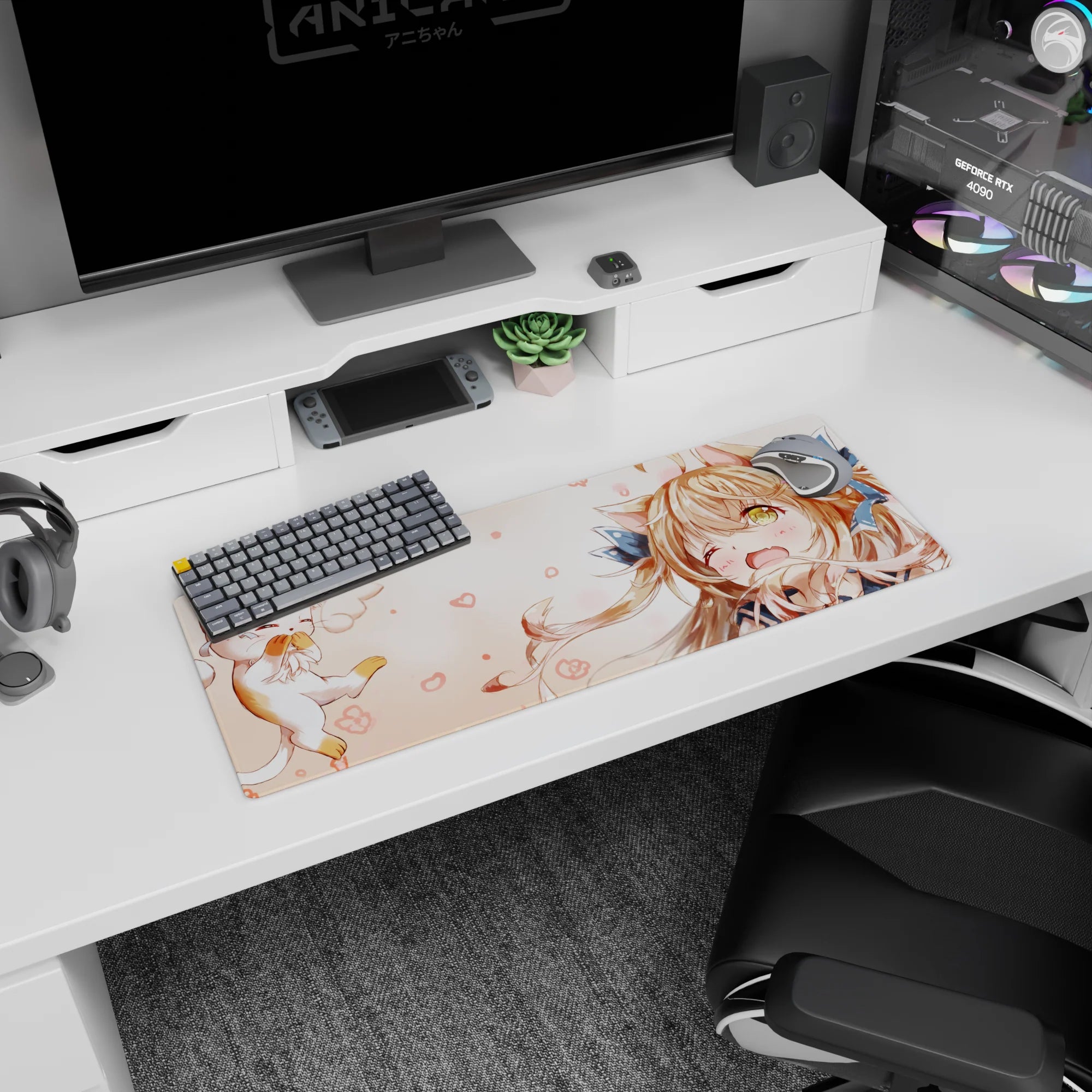 32x12 inches anime girl mouse pad showing a giggly catgirl winking as a tiny kitten floats in cheering.