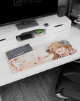 32x12 inches anime girl mouse pad showing a giggly catgirl winking as a tiny kitten floats in cheering.