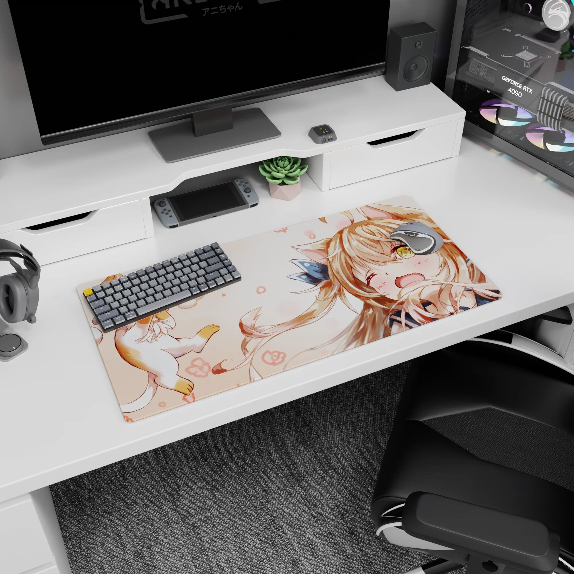 32x16 inches desk mouse pad showing giggly catgirl winking as a tiny kitten floats in with paws up.