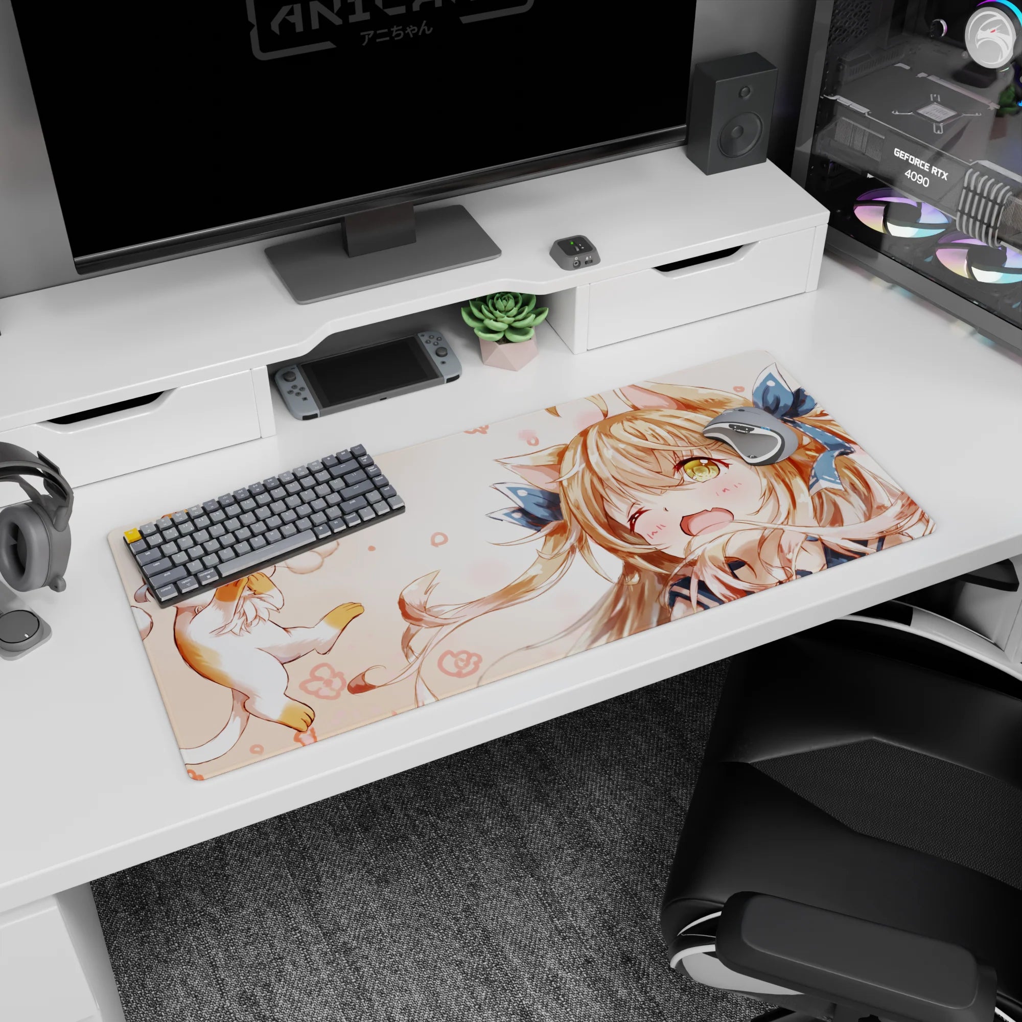 Winking catgirl and cheering kitten scene on anime desk pad 36x16 inches, smooth large mouse mat.