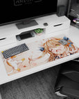 Winking catgirl and cheering kitten scene on anime desk pad 36x16 inches, smooth large mouse mat.