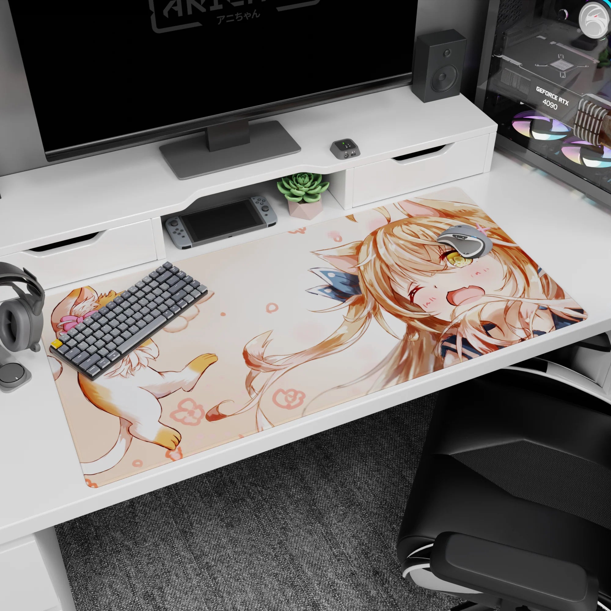 Winking catgirl and cheering kitten scene desk pad 40x20 inches, crisp print with smooth glide surface.