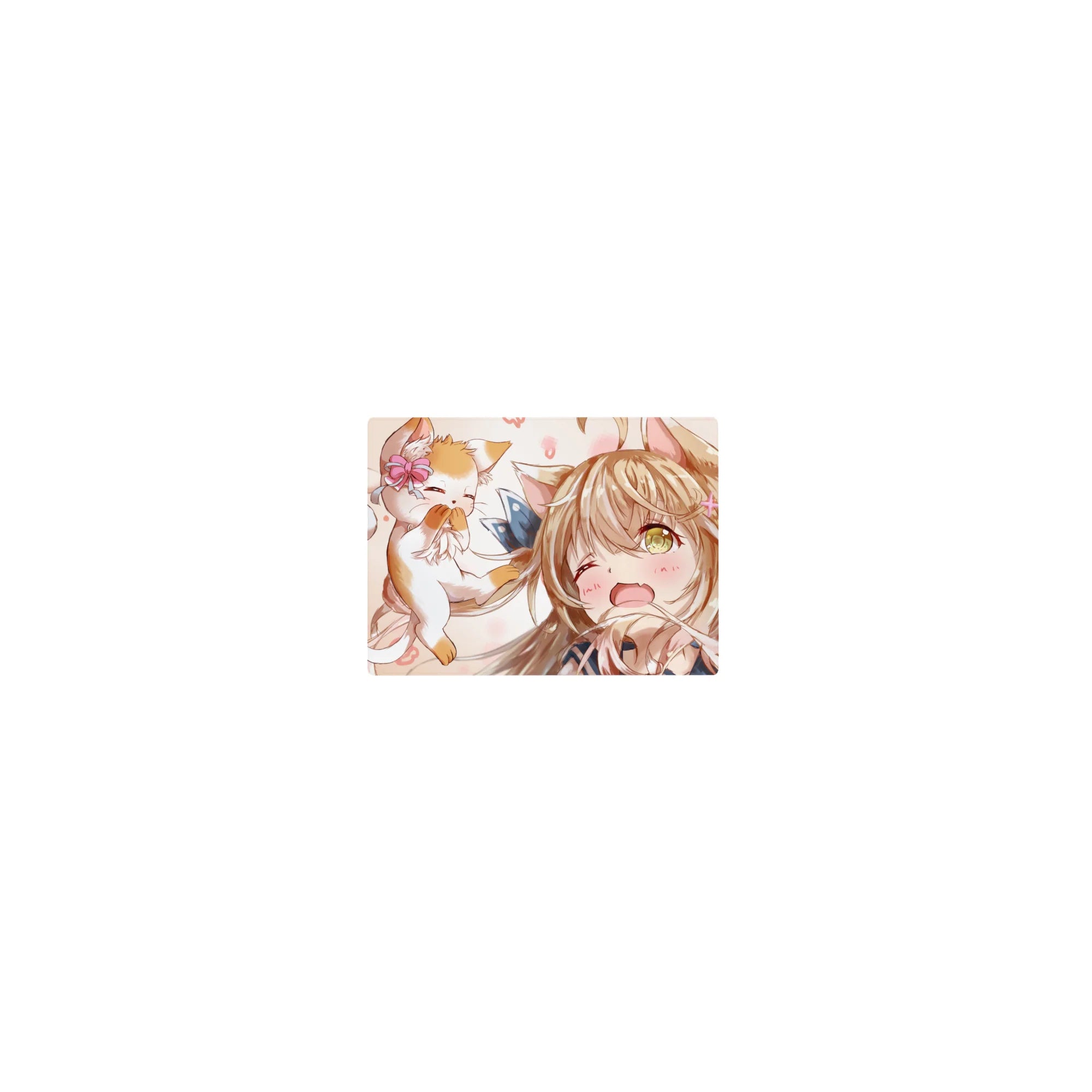 Classic anime girl mouse pad 14x10 inches with winking catgirl and tiny floating kitten, blue bow detail.