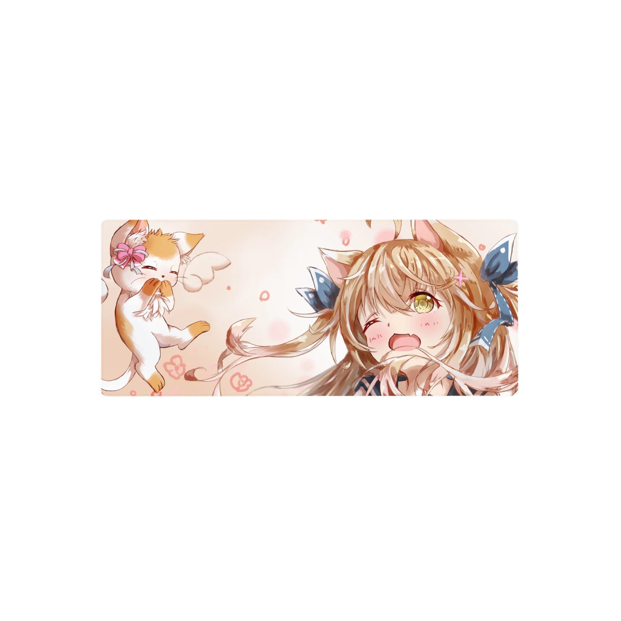 Anime girl mouse pad 28x12 inches with winking cat-eared girl, blue bow, and cheering kitten pal.