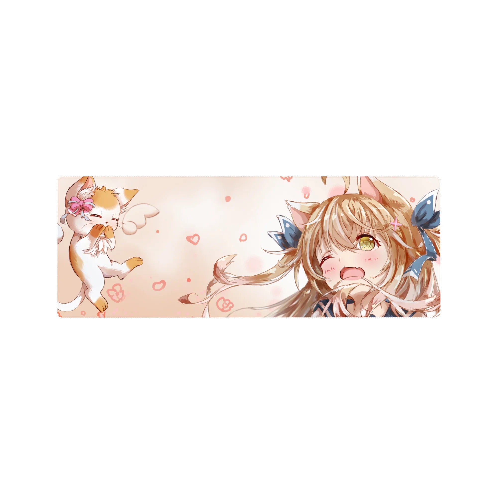 32x12 inches anime girl mouse pad with winking cat-eared girl, blue bow, and floating kitten friend.