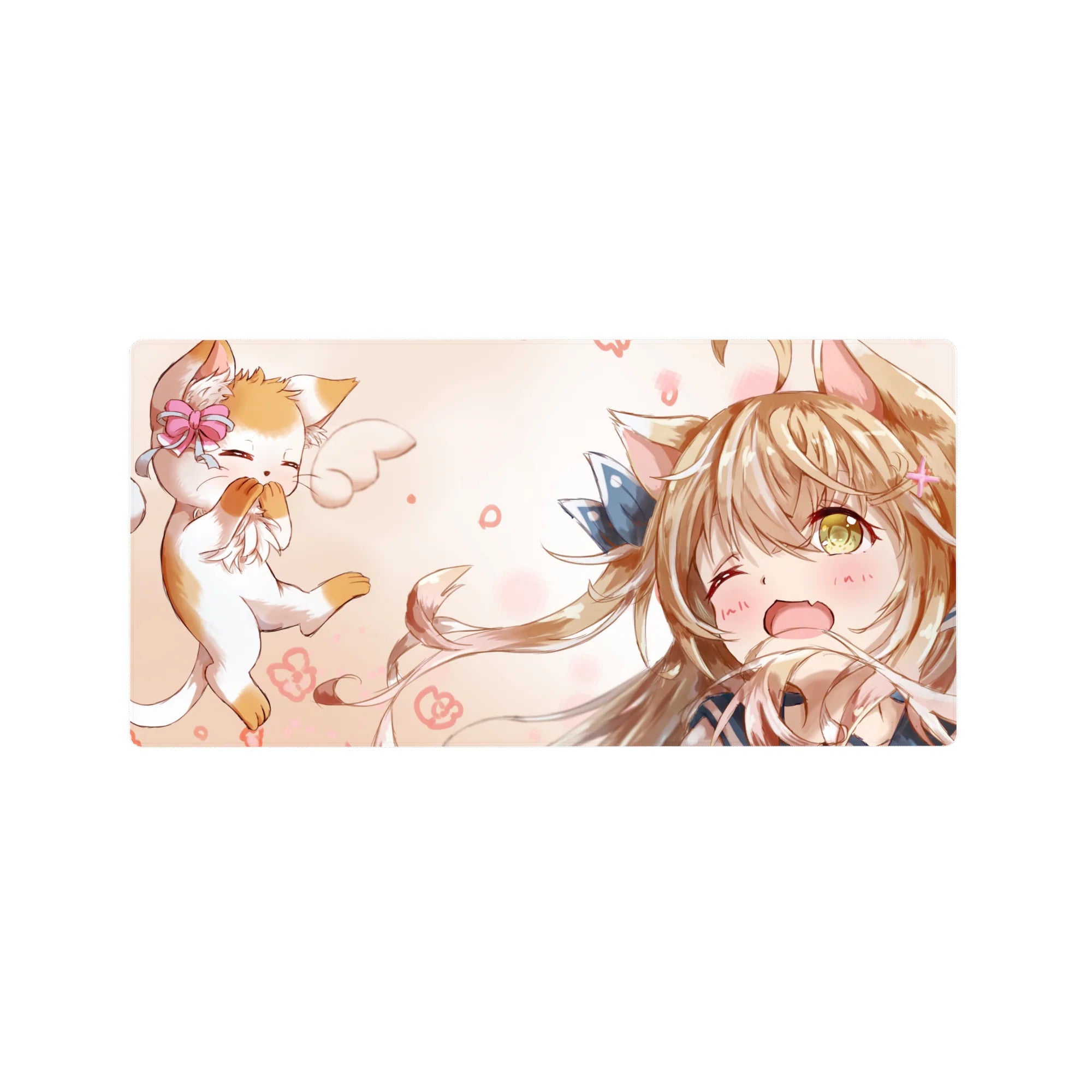32x16 inches anime girl mouse pad with winking cat-eared girl, blue bow, and floating kitten cheer.