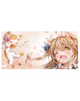 32x16 inches anime girl mouse pad with winking cat-eared girl, blue bow, and floating kitten cheer.