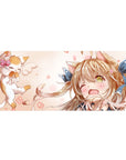 Anime girl desk pad 36x16 inches with winking cat-eared girl, blue bow, and floating kitten friend.