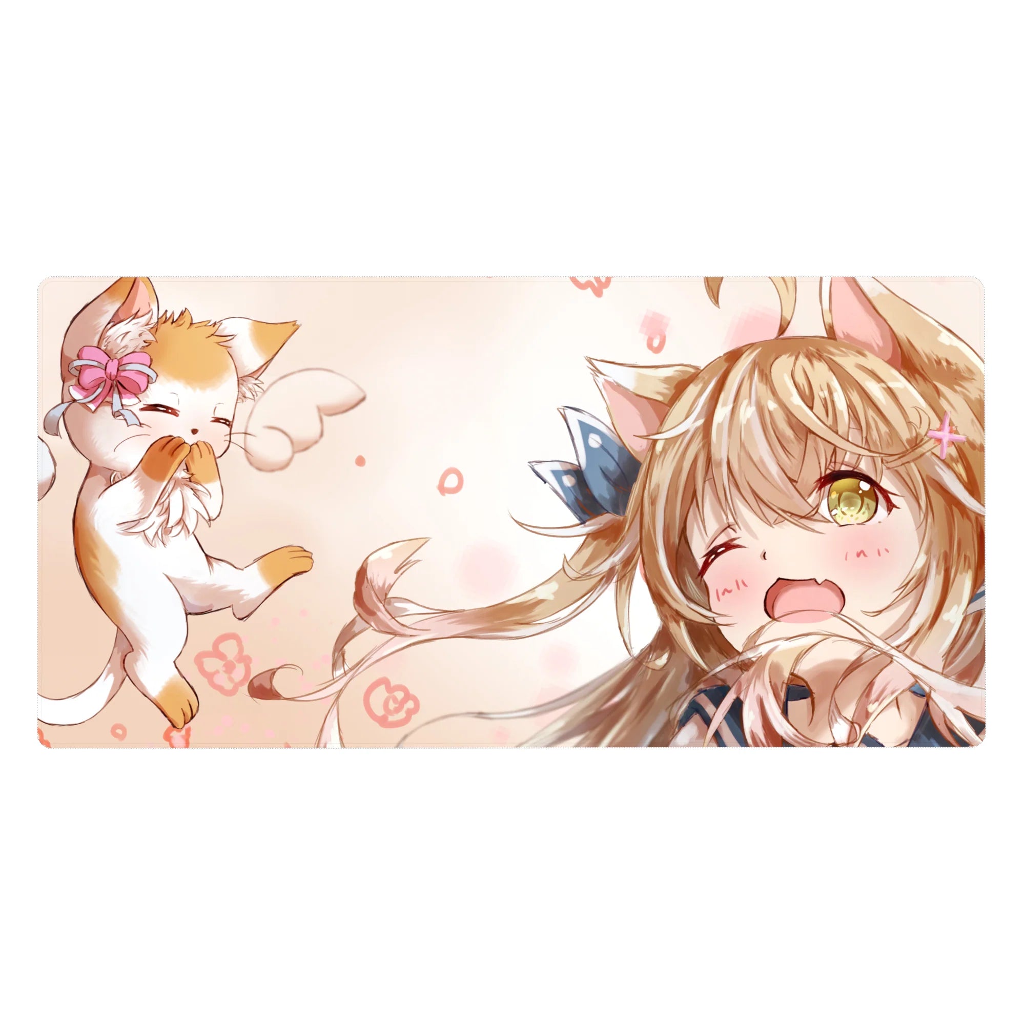 Anime girl desk pad 40x20 inches with winking cat-eared girl, floating kitten, and blue bow accents.