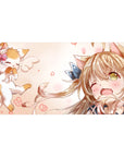 Anime girl desk pad 40x20 inches with winking cat-eared girl, floating kitten, and blue bow accents.