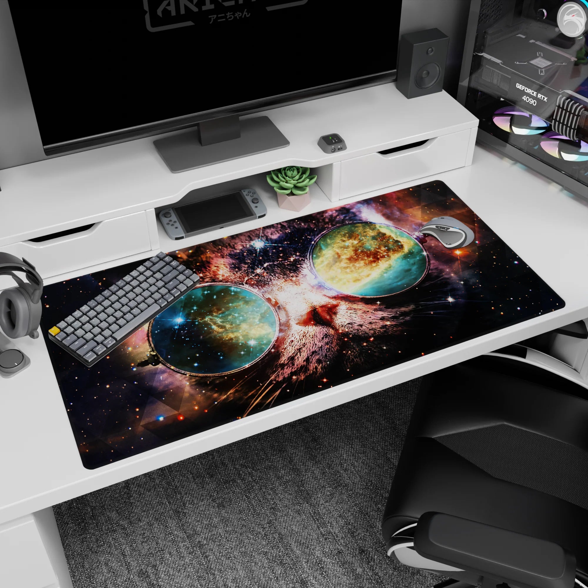 Starry cat face peering from dark space in round galaxy glasses desk pad, 40x20 inches.