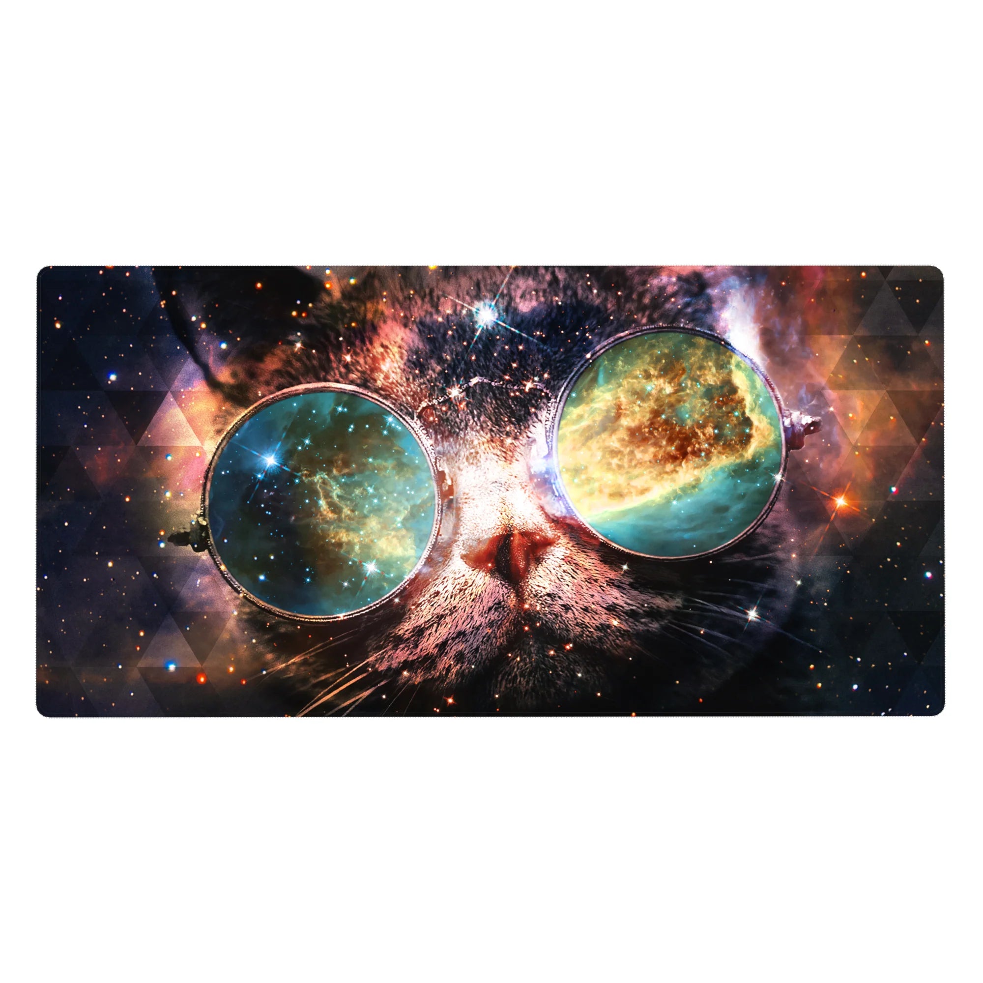 Cosmic cat desk pad with galaxy glasses and geometric triangles, 40x20 inches.