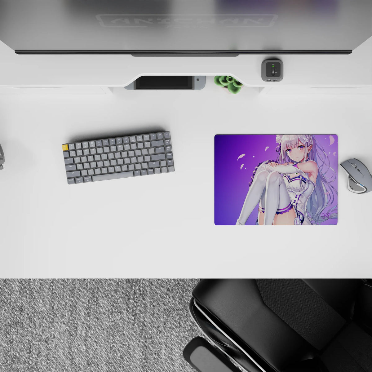 Soft violet sky and drifting petals on a 14x10 inches anime mouse pad, calm cute lavender aesthetic.