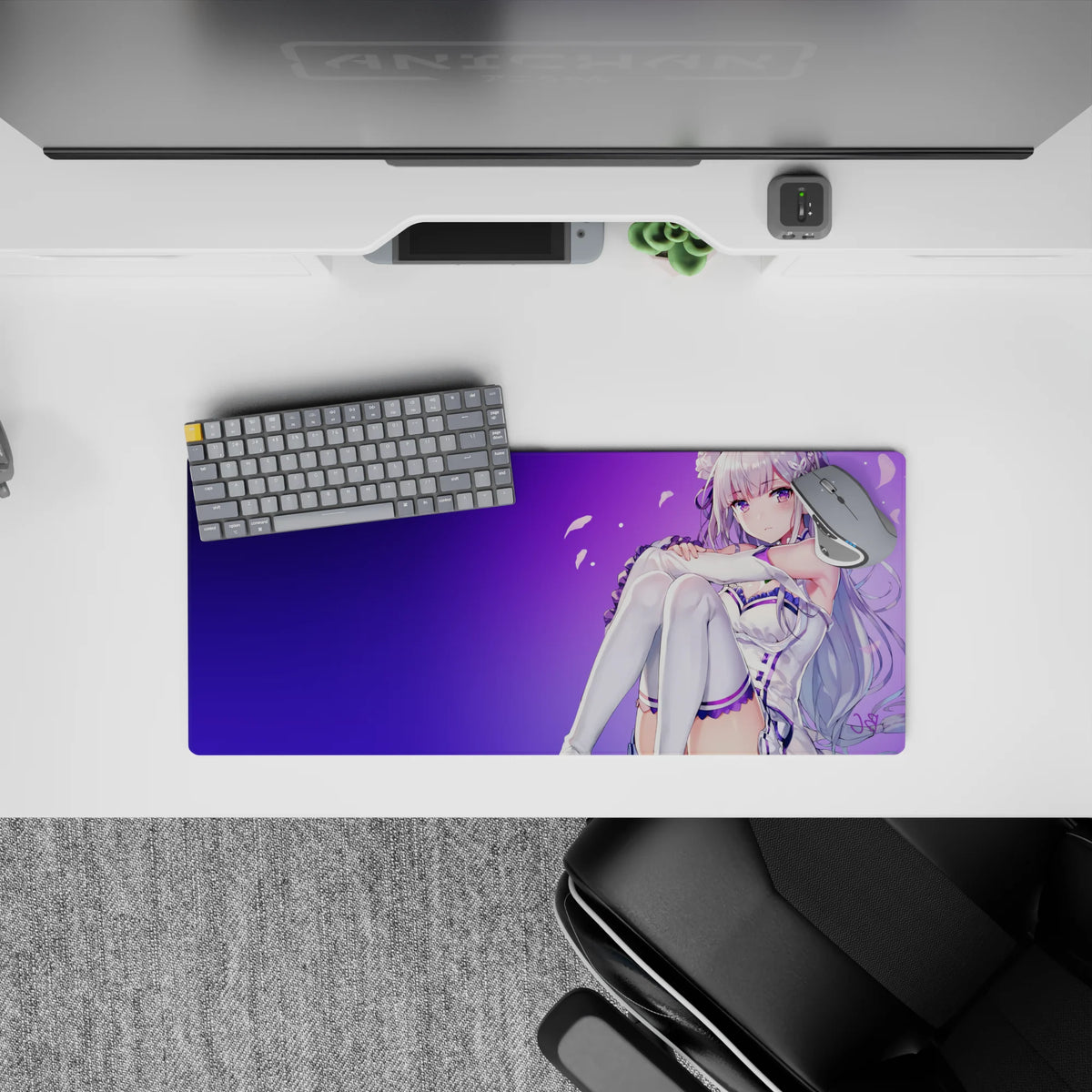 Cute calming purple gradient anime girl mouse pad 28x12 inches with soft violet skies and drifting petals.
