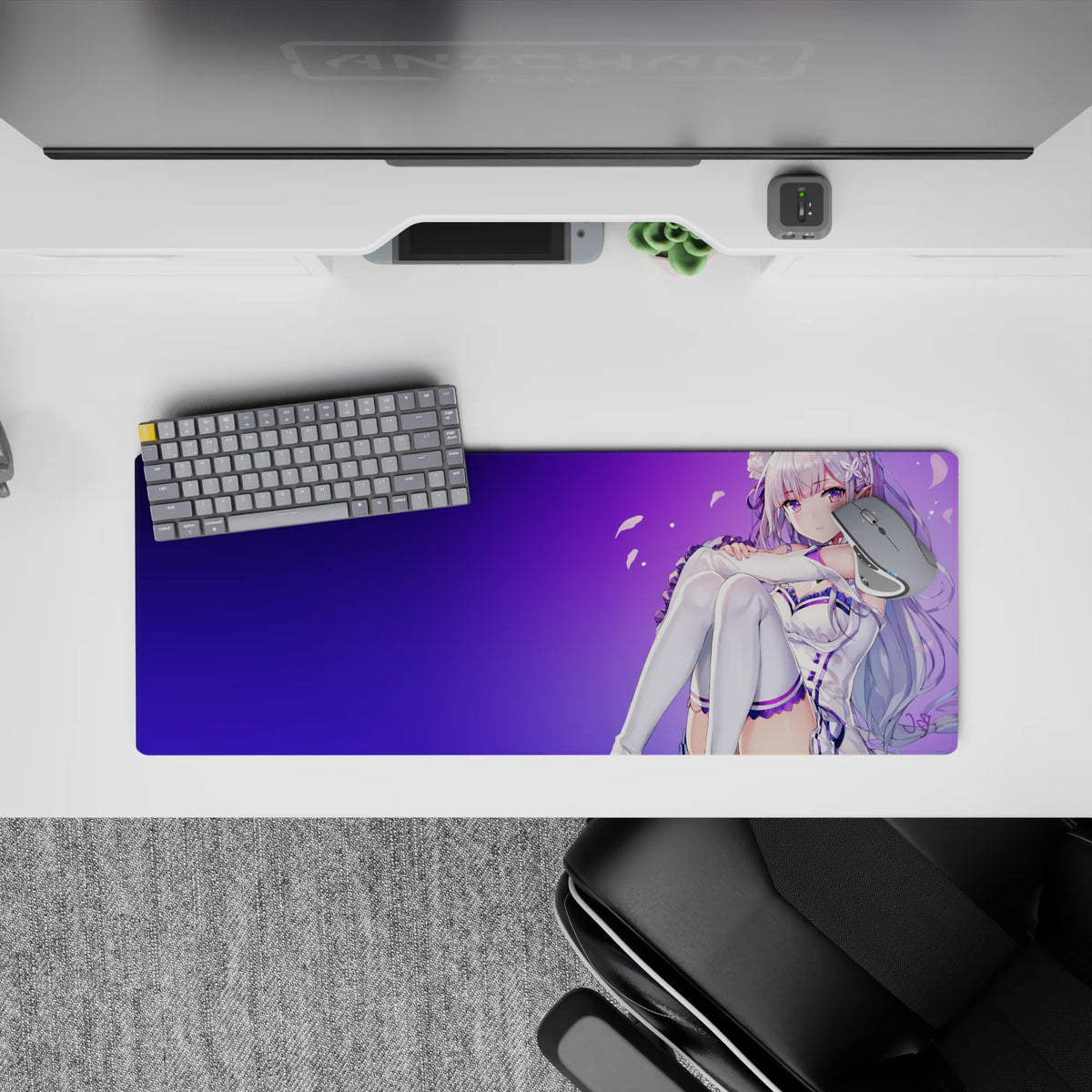 32x12 inches extended mouse pad with soft violet gradient, drifting petals, calm cute anime aesthetic.