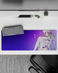 32x12 inches extended mouse pad with soft violet gradient, drifting petals, calm cute anime aesthetic.