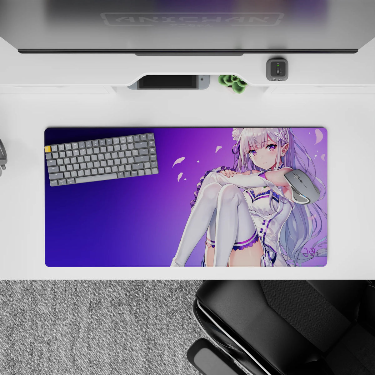 32x16 inches anime desk mat with soft violet gradient, drifting petals, calm cute magical vibe.