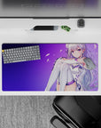 32x16 inches anime desk mat with soft violet gradient, drifting petals, calm cute magical vibe.