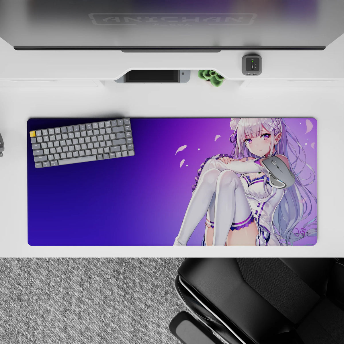 36x16 inches purple gradient desk pad with soft violet skies and drifting petals, calm cute vibe.