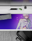 36x16 inches purple gradient desk pad with soft violet skies and drifting petals, calm cute vibe.