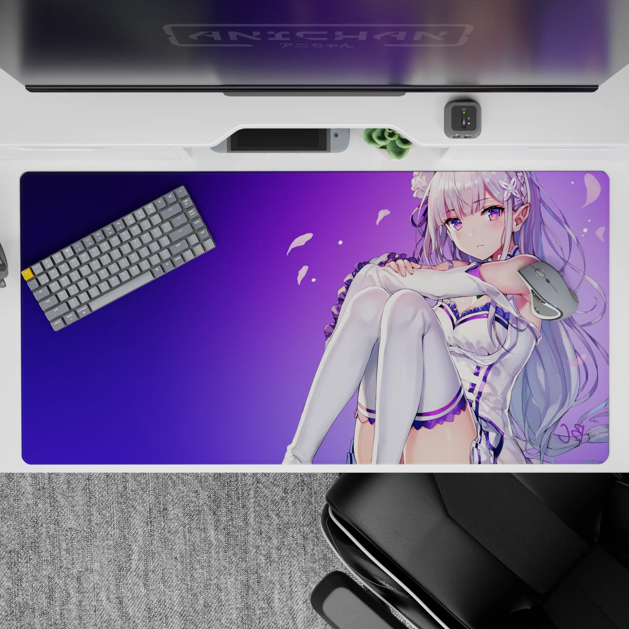 Purple gradient anime desk pad 40x20 inches, soft violet sky mood with drifting petals, calming cute.