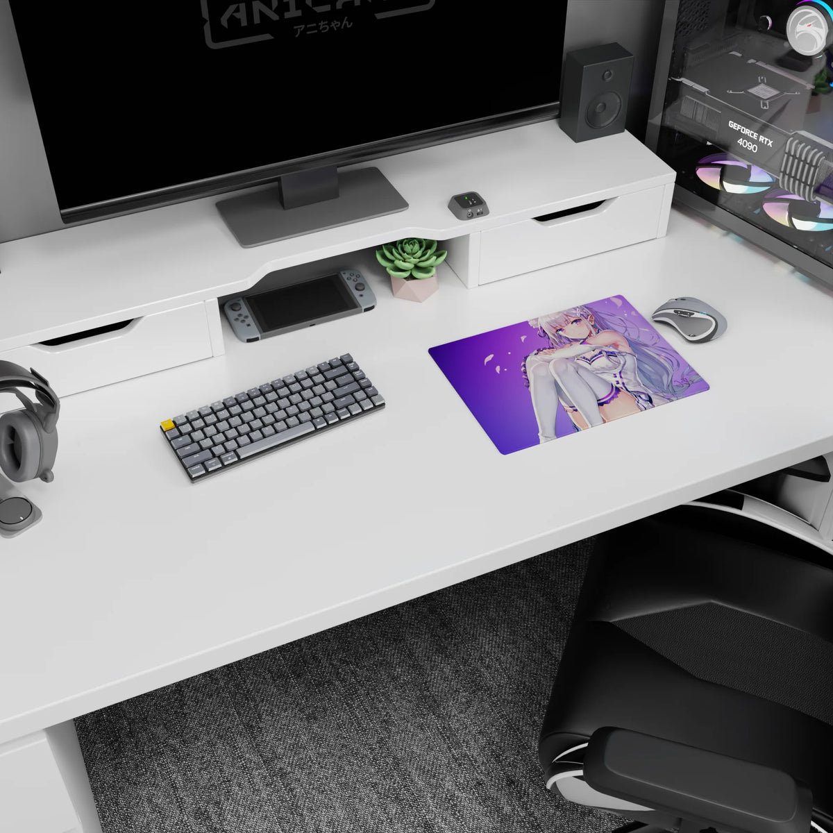 Emilia from Re:ZERO in white and lavender outfit, silver hair flowing on a 14x10 inches mouse pad.