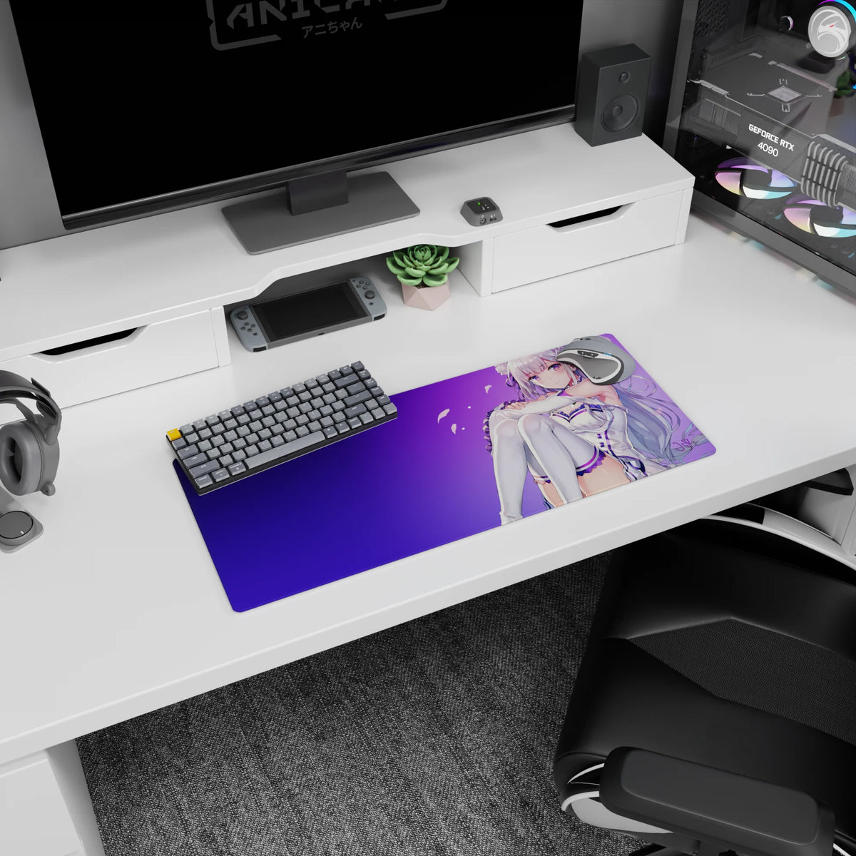 Emilia shy glance scene on anime girl mouse pad 28x12 inches, white-and-lavender outfit with flowing silver hair.