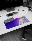 Emilia shy glance scene on anime girl mouse pad 28x12 inches, white-and-lavender outfit with flowing silver hair.