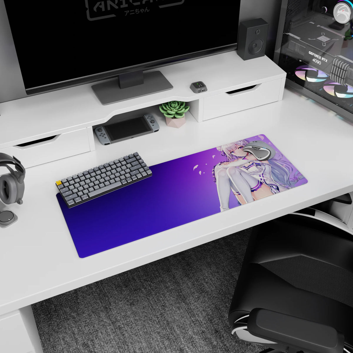 32x12 inches Re:ZERO Emilia mouse pad, shy glance with flowing silver hair across a purple sky backdrop.