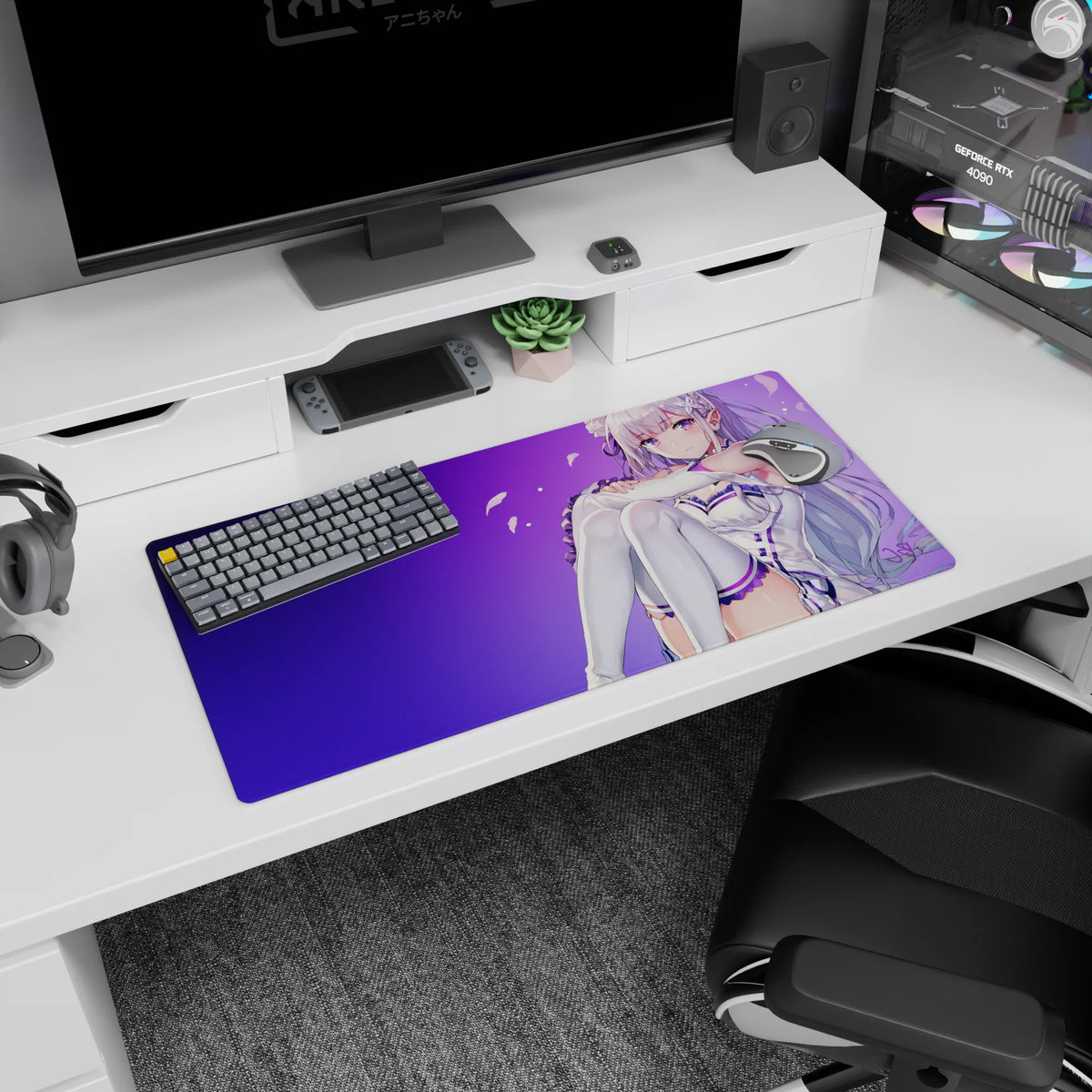 32x16 inches Re:ZERO Emilia mouse pad, shy glance portrait with flowing silver hair across the desk.