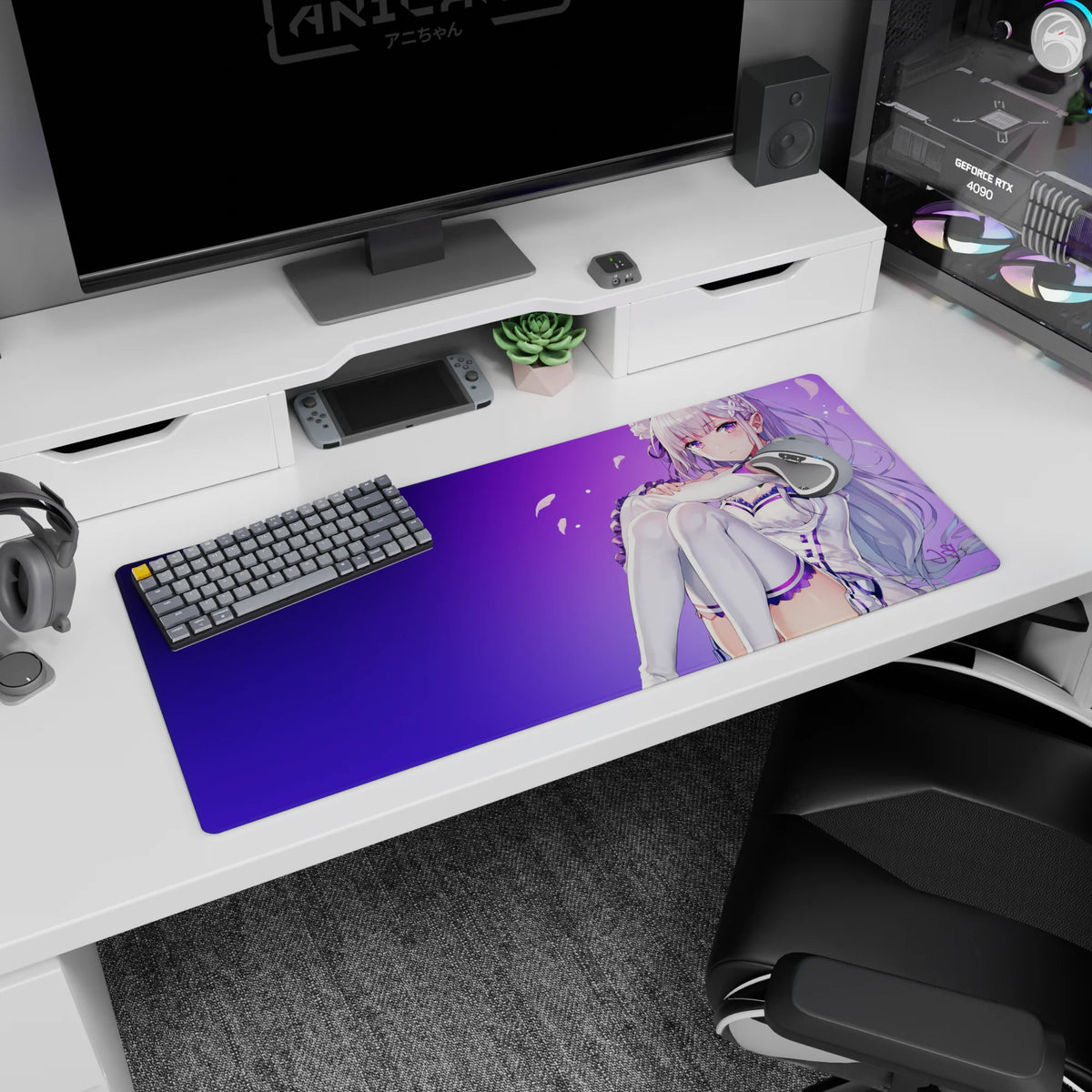 36x16 inches Emilia from Re:ZERO mouse pad scene, shy glance with flowing silver hair across desk.