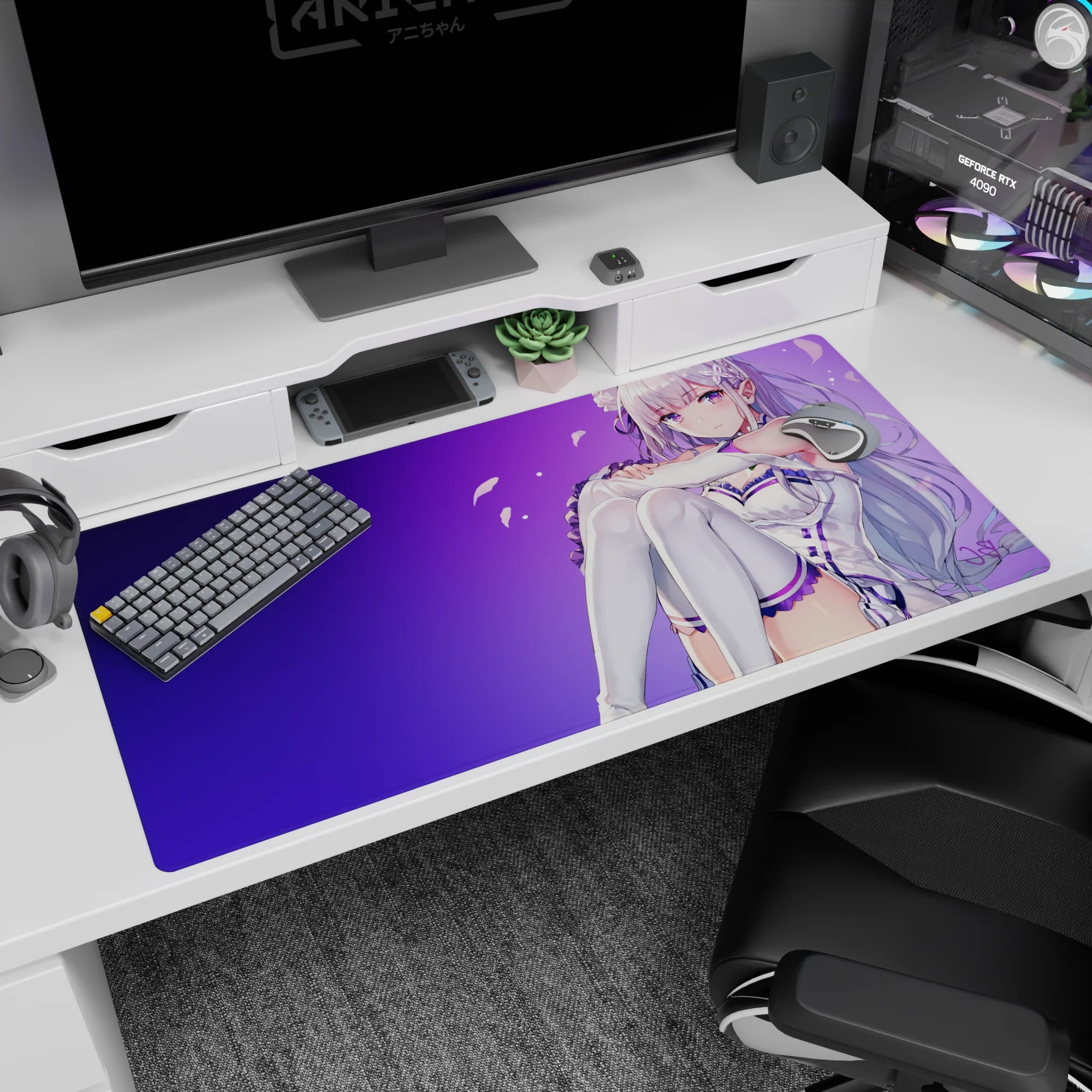 Re:ZERO Emilia anime girl desk pad 40x20 inches, shy glance with flowing silver hair across the desk.